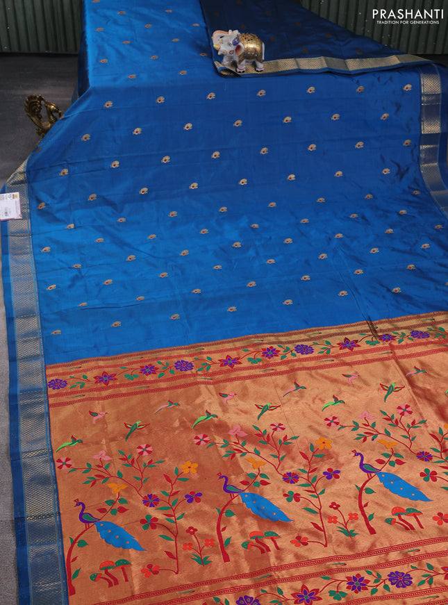 Pure paithani silk saree cs blue with allover zari woven annam buttas and paithani weaving pallu