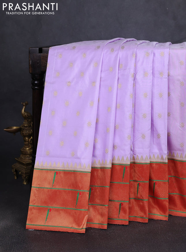 Pure paithani silk saree mild lavender and red with allover zari woven buttas and long zari woven muniya butta border