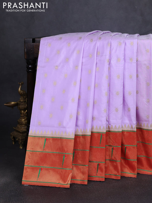 Pure paithani silk saree mild lavender and red with allover zari woven buttas and long zari woven muniya butta border