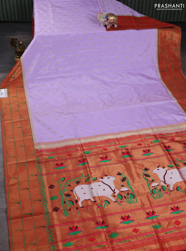 Pure paithani silk saree mild lavender and red with allover zari woven buttas and long zari woven muniya butta border