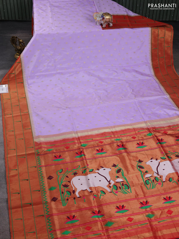 Pure paithani silk saree mild lavender and red with allover zari woven buttas and long zari woven muniya butta border