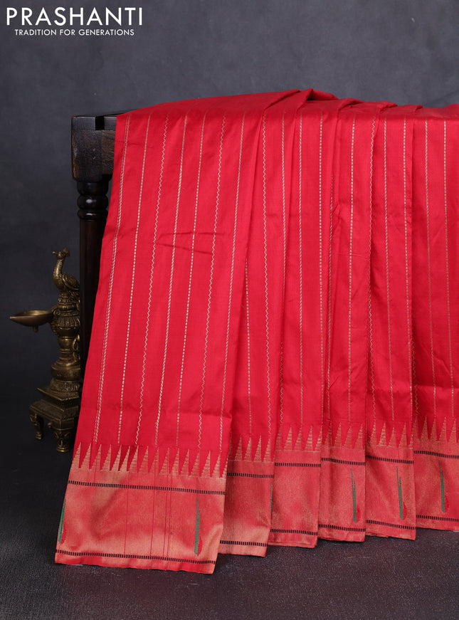 Pure paithani silk saree red with allover zari weaves and zari woven muniya butta border