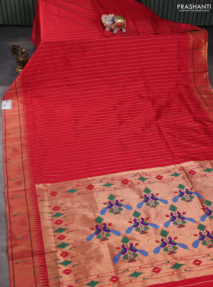 Pure paithani silk saree red with allover zari weaves and zari woven muniya butta border