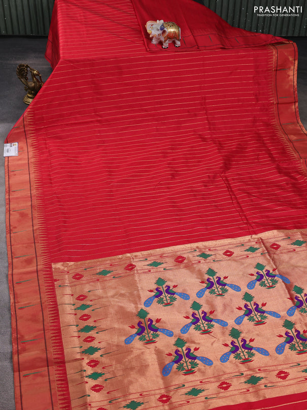 Pure paithani silk saree red with allover zari weaves and zari woven muniya butta border