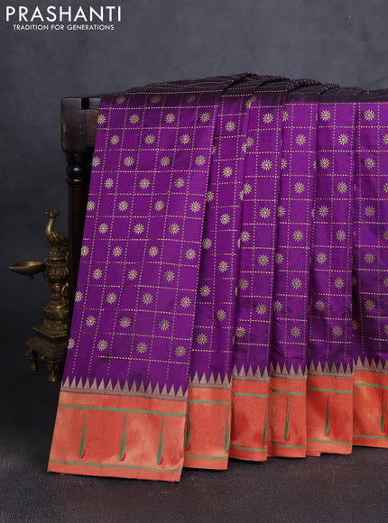 Pure paithani silk saree purple and red with allover zari checks & buttas and zari woven muniya butta border