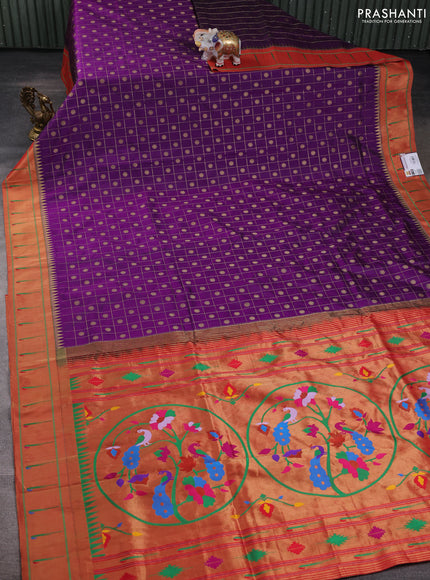 Pure paithani silk saree purple and red with allover zari checks & buttas and zari woven muniya butta border