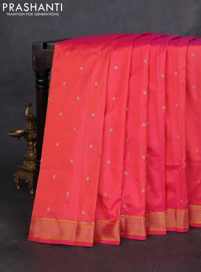 Pure paithani silk saree dual shade of pinkish orange with allover zari woven buttas and paithani weaving pallu