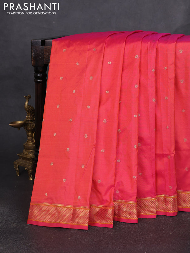 Pure paithani silk saree dual shade of pinkish orange with allover zari woven buttas and paithani weaving pallu
