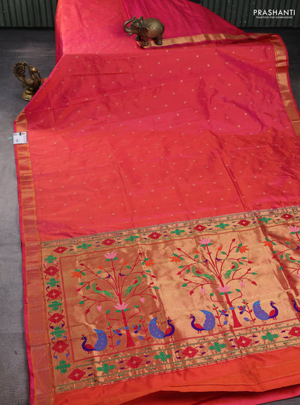 Pure paithani silk saree dual shade of pinkish orange with allover zari woven buttas and paithani weaving pallu