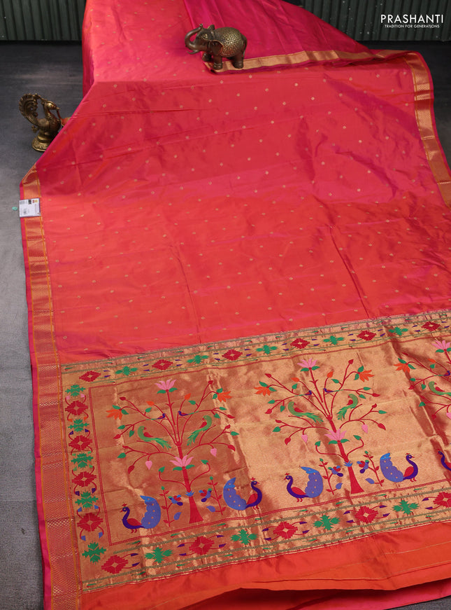 Pure paithani silk saree dual shade of pinkish orange with allover zari woven buttas and paithani weaving pallu
