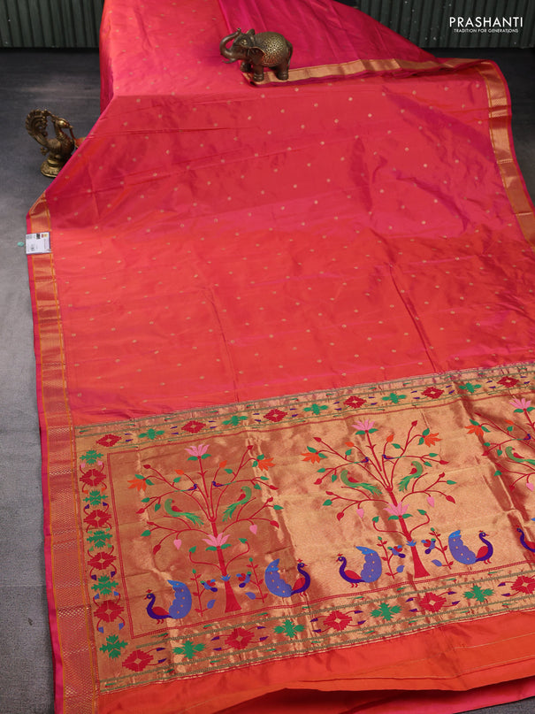 Pure paithani silk saree dual shade of pinkish orange with allover zari woven buttas and paithani weaving pallu