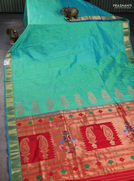 Pure paithani silk saree dual shade of teal bluish green and red with allover zari woven buttas and paithani weaving pallu