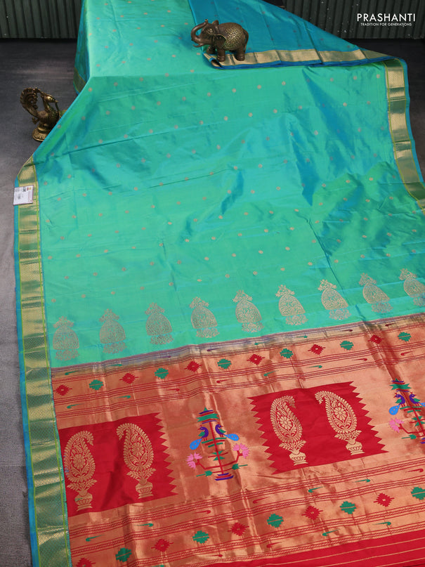 Pure paithani silk saree dual shade of teal bluish green and red with allover zari woven buttas and paithani weaving pallu