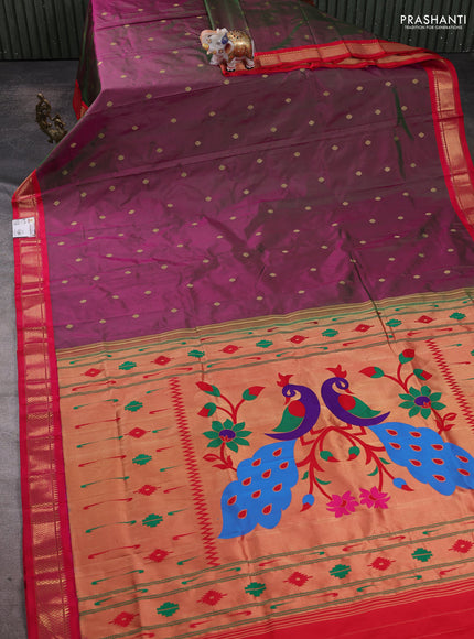 Pure paithani silk saree dual shade of greenish purple and pink with allover annam zari woven buttas and paithani weaving pallu