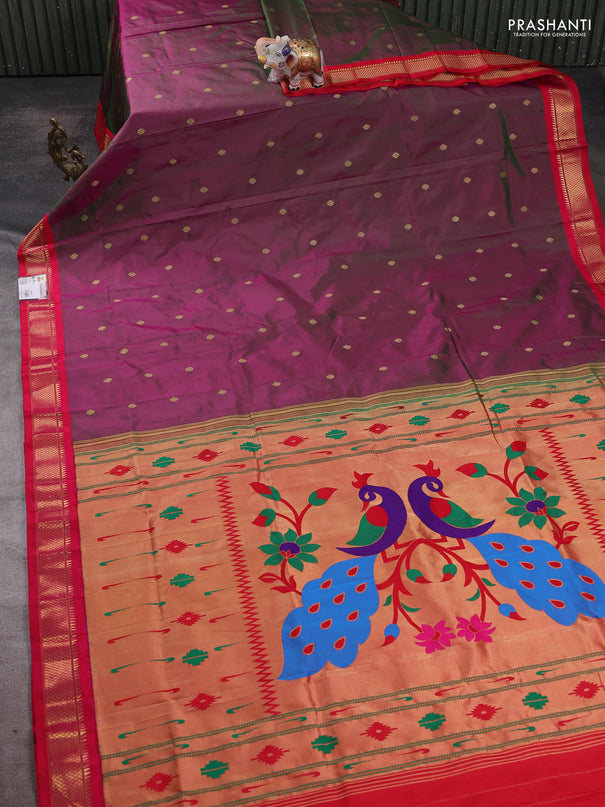 Pure paithani silk saree dual shade of greenish purple and pink with allover annam zari woven buttas and paithani weaving pallu