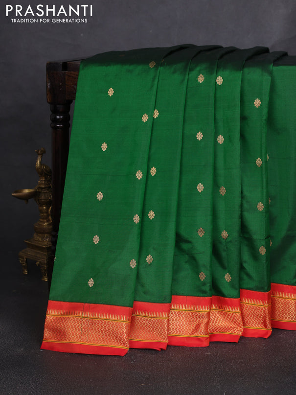 Pure paithani silk saree green and red with allover zari woven buttas and paithani weaving pallu