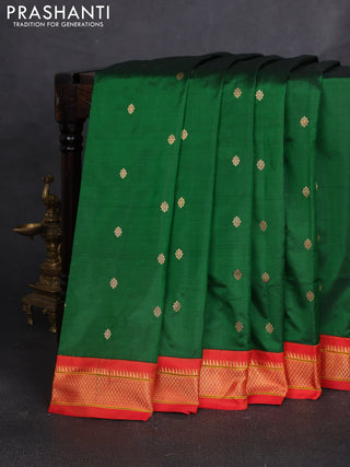 Pure paithani silk saree green and red with allover zari woven buttas and paithani weaving pallu
