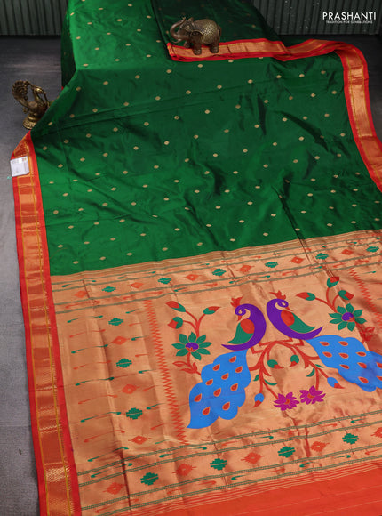 Pure paithani silk saree green and red with allover zari woven buttas and paithani weaving pallu