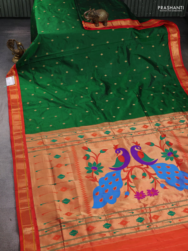 Pure paithani silk saree green and red with allover zari woven buttas and paithani weaving pallu
