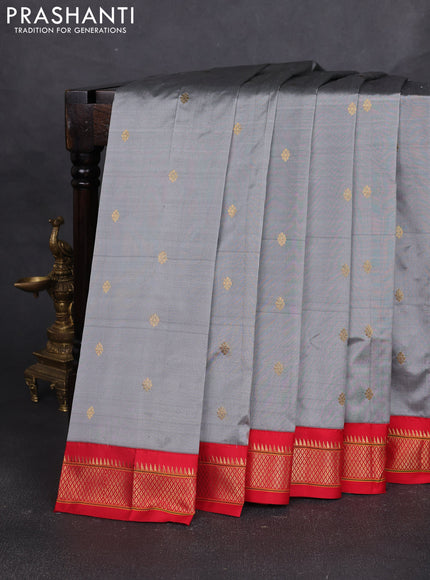 Pure paithani silk saree grey and red with allover zari woven buttas and paithani weaving pallu