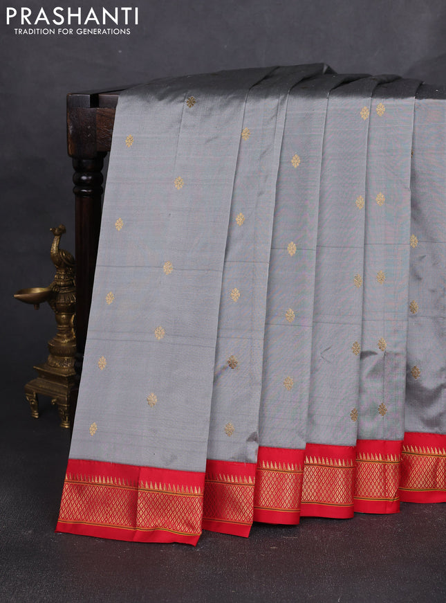 Pure paithani silk saree grey and red with allover zari woven buttas and paithani weaving pallu
