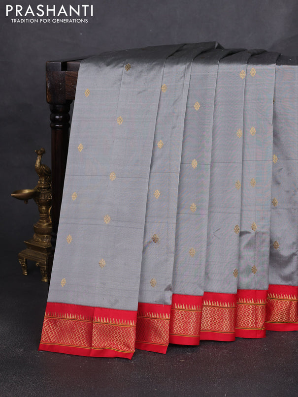 Pure paithani silk saree grey and red with allover zari woven buttas and paithani weaving pallu