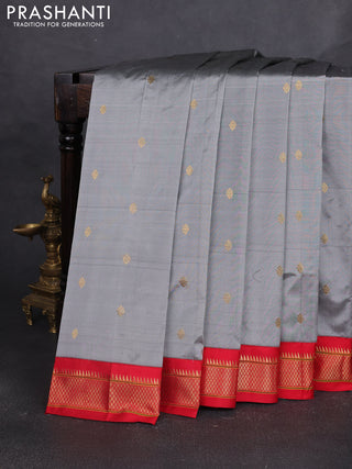 Pure paithani silk saree grey and red with allover zari woven buttas and paithani weaving pallu