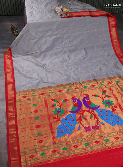 Pure paithani silk saree grey and red with allover zari woven buttas and paithani weaving pallu