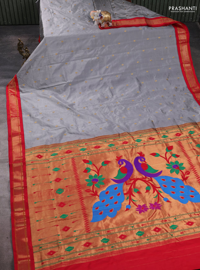 Pure paithani silk saree grey and red with allover zari woven buttas and paithani weaving pallu