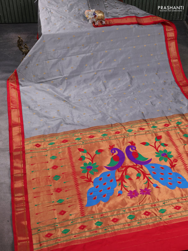 Pure paithani silk saree grey and red with allover zari woven buttas and paithani weaving pallu