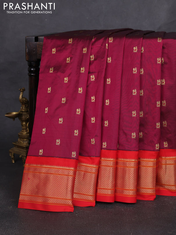 Pure paithani silk saree dark magenta pink and red with allover annam zari woven buttas and paithani weaving pallu