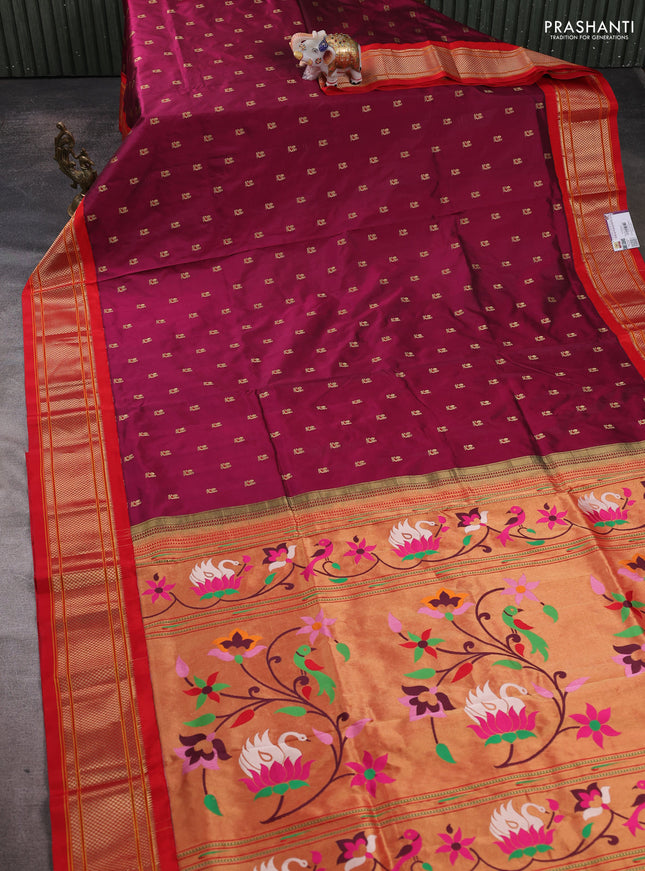 Pure paithani silk saree dark magenta pink and red with allover annam zari woven buttas and paithani weaving pallu