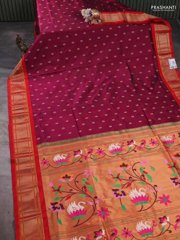 Pure paithani silk saree dark magenta pink and red with allover annam zari woven buttas and paithani weaving pallu