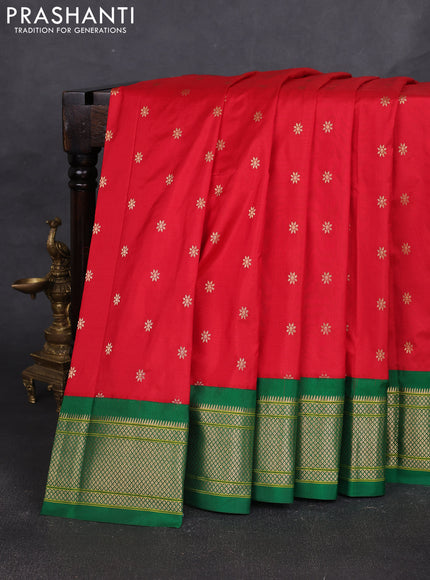 Pure paithani silk saree red and green with allover zari woven buttas and paithani weaving pallu