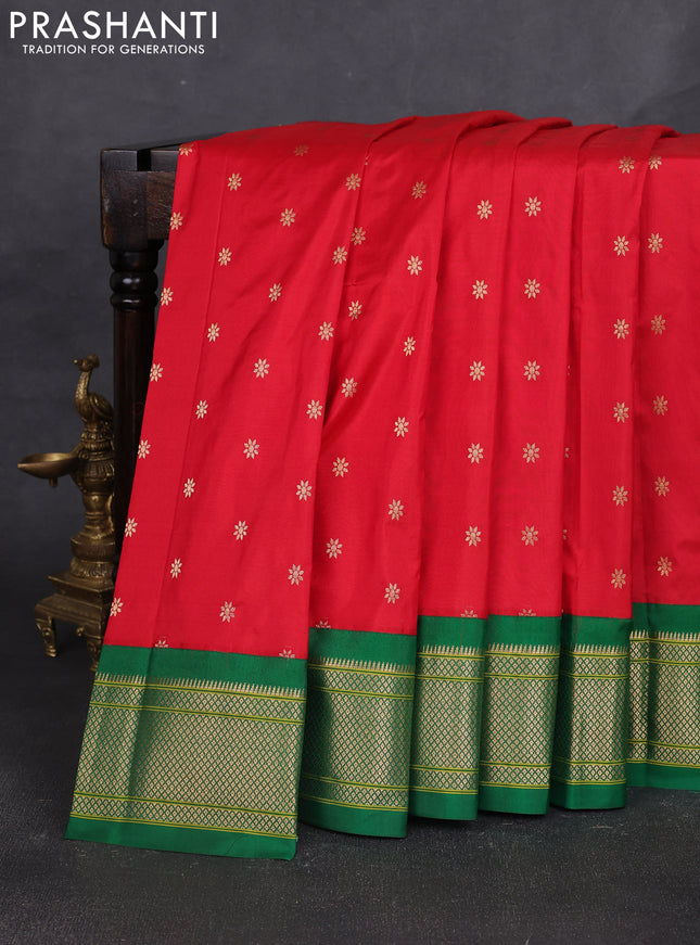 Pure paithani silk saree red and green with allover zari woven buttas and paithani weaving pallu