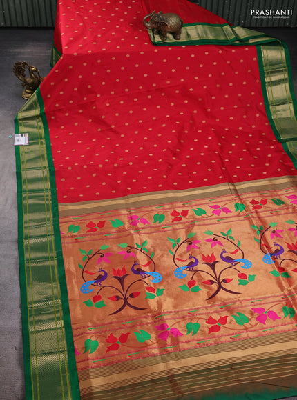 Pure paithani silk saree red and green with allover zari woven buttas and paithani weaving pallu