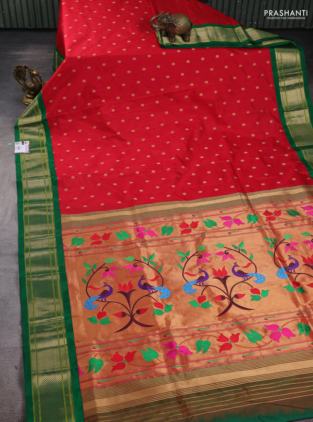 Pure paithani silk saree red and green with allover zari woven buttas and paithani weaving pallu
