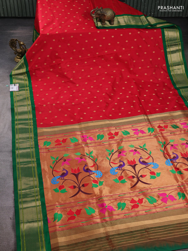 Pure paithani silk saree red and green with allover zari woven buttas and paithani weaving pallu