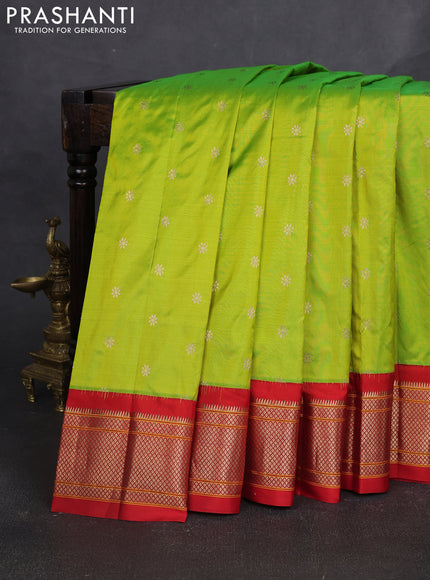 Pure paithani silk saree light green and red with allover zari woven buttas and paithani weaving pallu