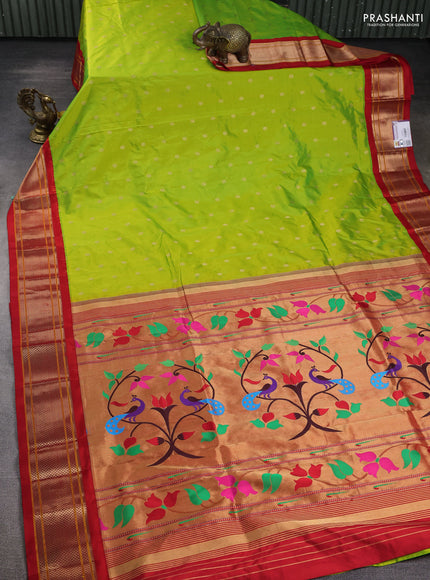 Pure paithani silk saree light green and red with allover zari woven buttas and paithani weaving pallu