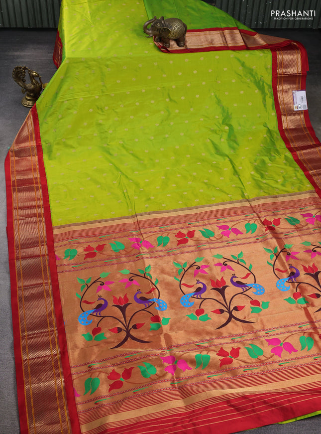 Pure paithani silk saree light green and red with allover zari woven buttas and paithani weaving pallu