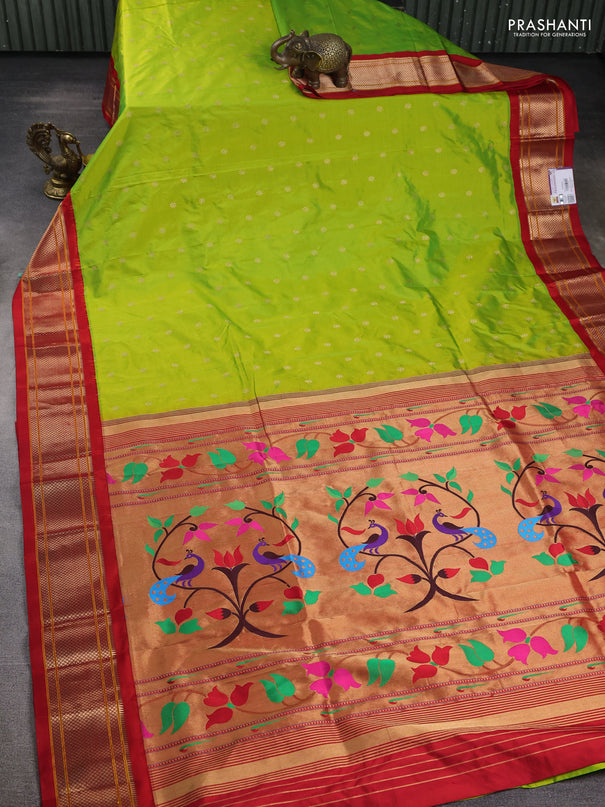 Pure paithani silk saree light green and red with allover zari woven buttas and paithani weaving pallu