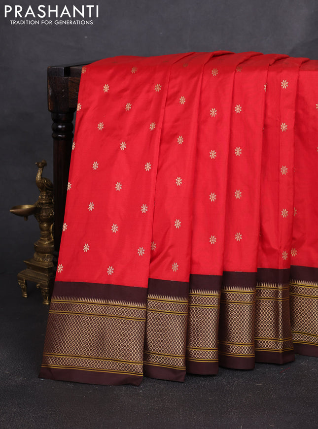 Pure paithani silk saree red and coffee brown with allover zari woven buttas and paithani weaving pallu