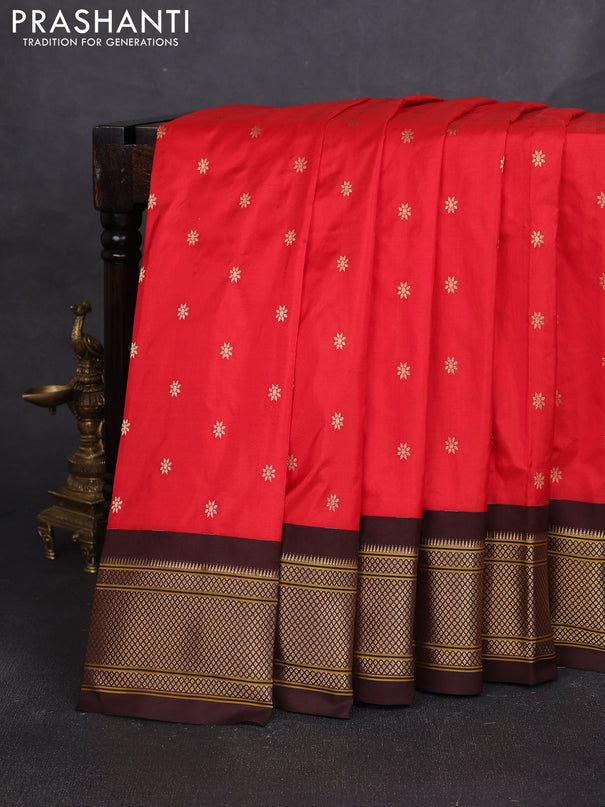 Pure paithani silk saree red and coffee brown with allover zari woven buttas and paithani weaving pallu
