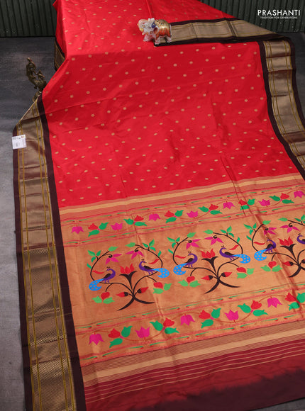 Pure paithani silk saree red and coffee brown with allover zari woven buttas and paithani weaving pallu