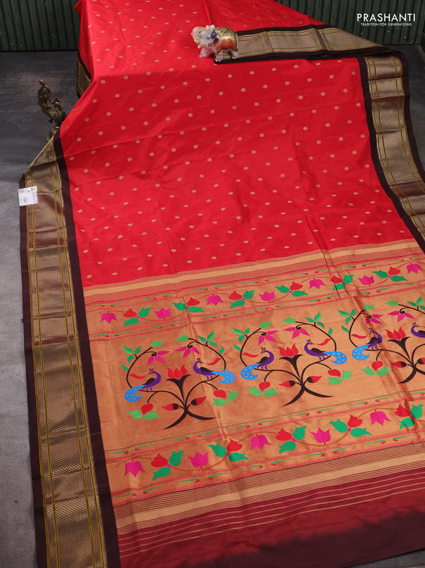 Pure paithani silk saree red and coffee brown with allover zari woven buttas and paithani weaving pallu