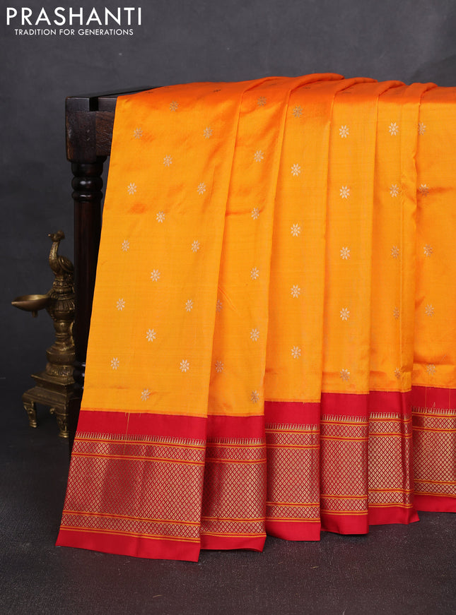 Pure paithani silk saree mango yellow and red with allover zari woven buttas and paithani weaving pallu