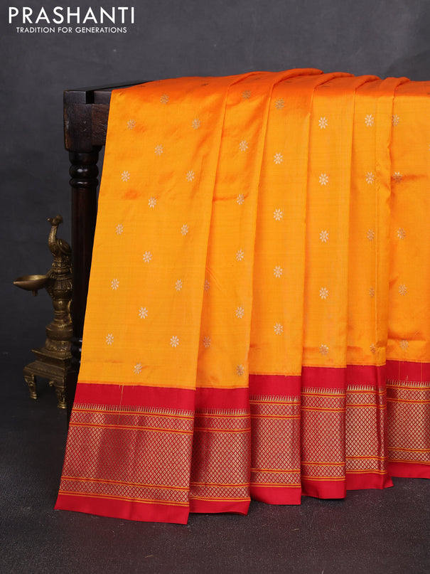 Pure paithani silk saree mango yellow and red with allover zari woven buttas and paithani weaving pallu