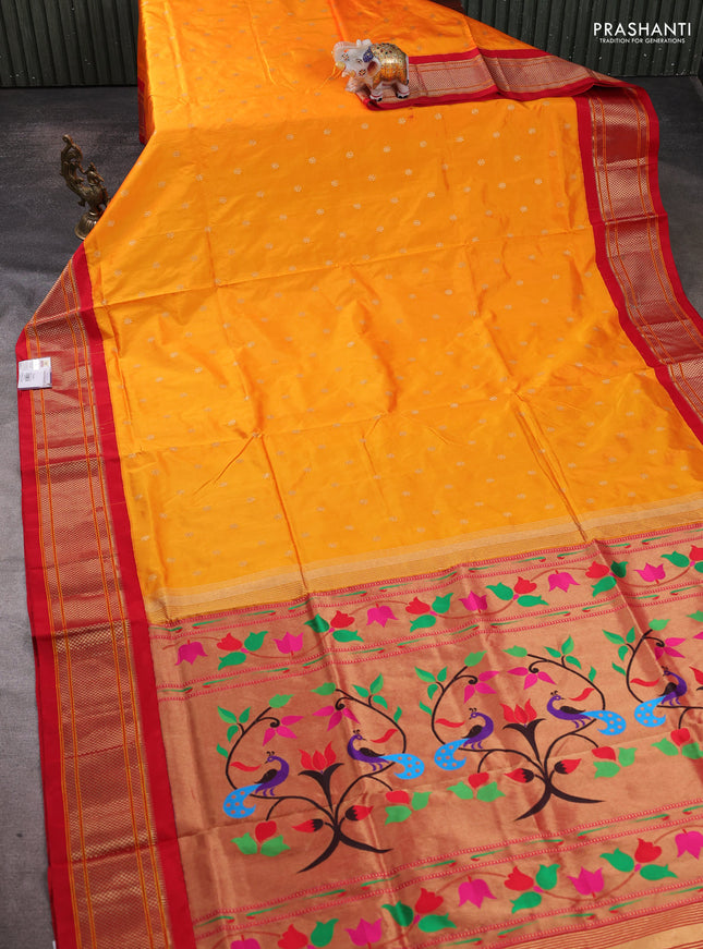 Pure paithani silk saree mango yellow and red with allover zari woven buttas and paithani weaving pallu