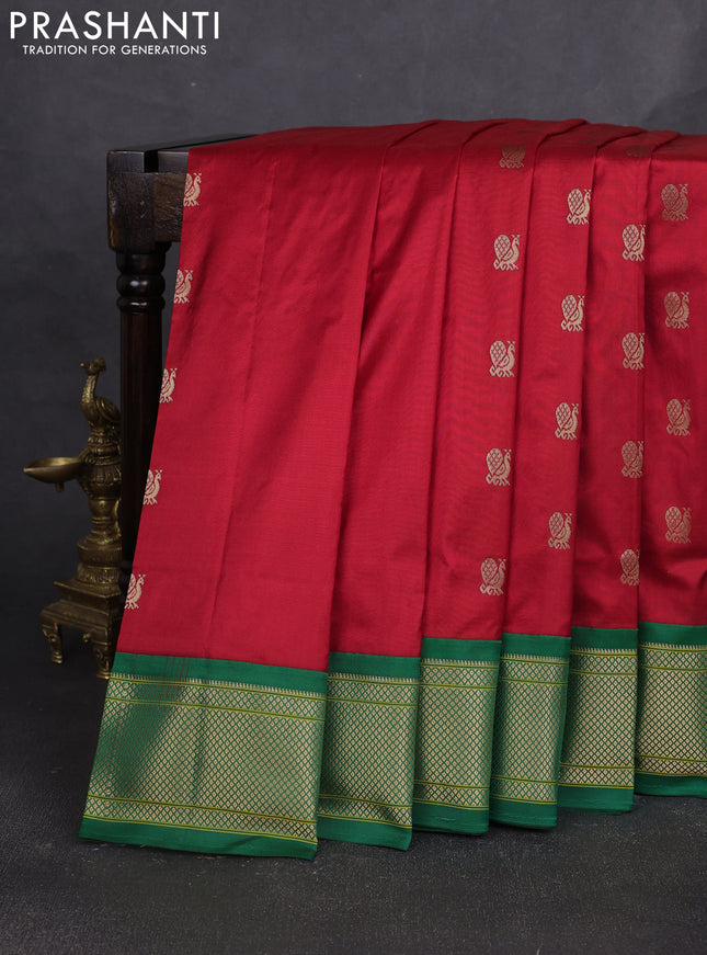 Pure paithani silk saree red and green with annam zari woven buttas and paithani weaving pallu